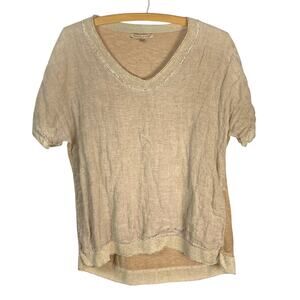 Tempo Paris Linen V Neck Top Tan Size S Relaxed Fit Lagenlook